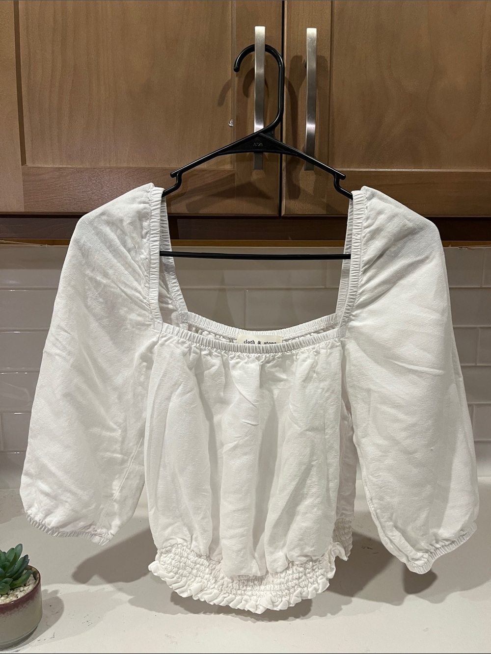 Cloth and Stine White Off Shoulder, Puffed Hem Sleeve Top